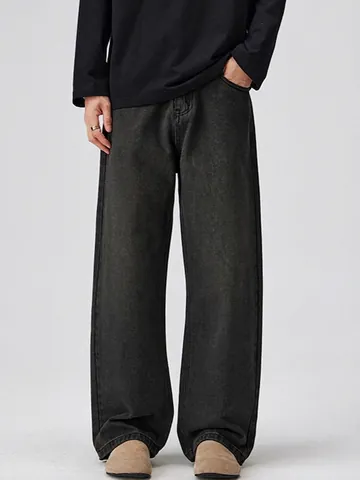 Men High Street Washed Black Grey Loose Straight Leg Baggy Jeans Cotton Casual Vintage Distressed Denim Long Pants
