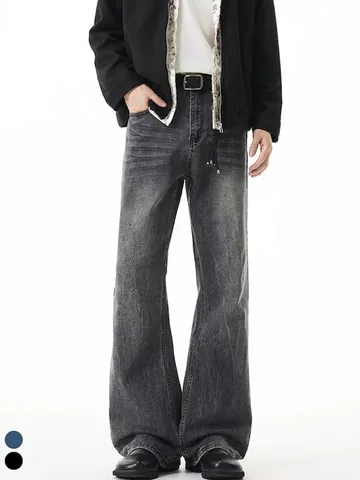 American Vintage Distressed Micro Flare Jeans For Men Baggy Wide Leg Washed Retro Streetwear Denim Pants Black Blue