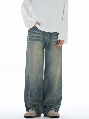 Herren Vintage Gewaschene Jeans Mit Weitem Bein Amerikanische Streetwear High Street Lockere Gerade Denim Hose Mit Whiskers Distressed Design