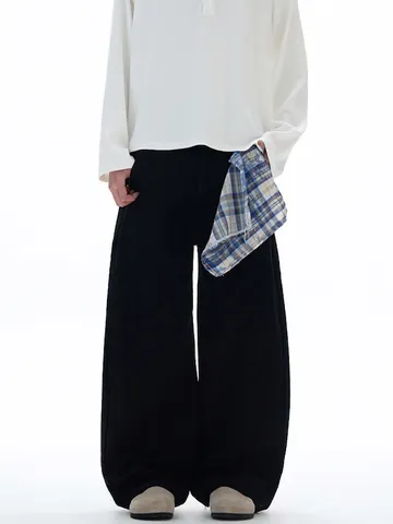 Men High Street Loose Jeans With Detachable Plaid Scarf American Streetwear Cotton Denim Straight Leg Wide Leg Cargo Pants