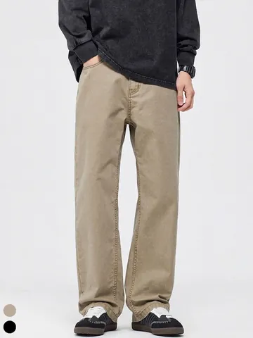 Pantalones Cargo Casual de Algodón para Hombre Retro Holgados de Pierna Recta Pantalones de Trabajo Caqui Negro Color Sólido