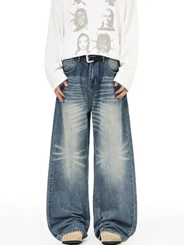 Herren Amerikanisches Retro High Street Gewaschene Denim Jeans Weites Bein Gerade Passform Distressed Casual Streetwear Hose