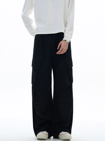 Men's American High Street Vintage Pleated Multi-Pocket Cargo Pants 100% Pure Cotton Versatile Loose Straight Leg Casual Trousers