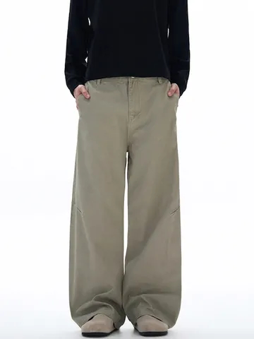 Men Wide Leg Cargo Pants Cotton Relaxed Fit Curved Leg Trousers American Streetwear Casual Workwear Solid Color Pants