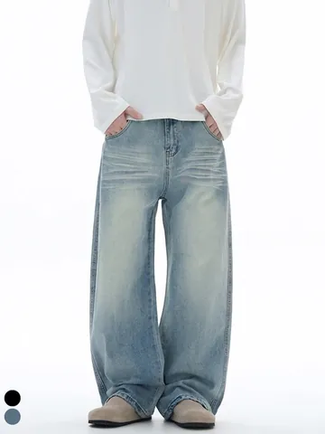 Men's American Retro High Street Distressed Baggy Jeans Loose Wide Leg Denim Pants With Cat-Whisker Urban Streetwear Jeans