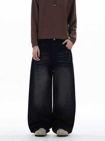 Men's American Retro High Street Distressed Baggy Jeans Loose Wide Leg Denim Pants With Cat-Whisker Urban Streetwear Jeans