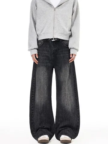 Damen Vintage Gewaschene Baumwolljeans High Street Distressed Weites Bein Oversized Denim Hose Lockerer Schnitt Streetwear