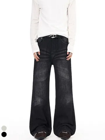 Jeans en Denim Délavé Vintage pour Hommes High Street Retro Large Micro Flare Pantalons Usés Moustaches Casual Pantalon Denim