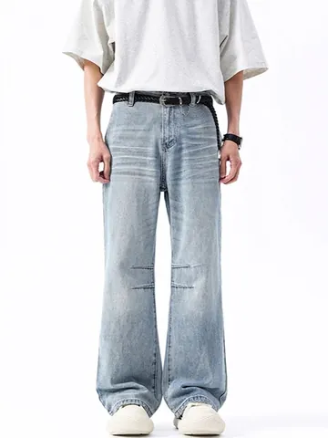 Vaqueros de Pernera Ancha para Hombre American High Street Lavado Azul Claro Vintage Pantalones Denim Rectos 100% Algodón