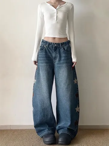 American High Street Men Star Embroidery Patchwork Wide Leg Jeans Retro Blue Distressed Baggy Denim Pants Casual Streetwear
