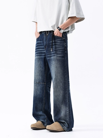 Men's American High Street Retro Washed Denim Jeans Distressed Wide Leg Straight Pants With Cat Whisker Splicing Details