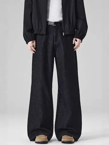 Men High Street Wide Leg Jeans Patchwork Leather Pocket Straight Denim Pants Casual Loose Cotton Washed Trousers For Men