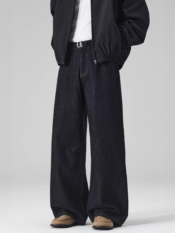 Men High Street Wide Leg Jeans Patchwork Leather Pocket Straight Denim Pants Casual Loose Cotton Washed Trousers For Men
