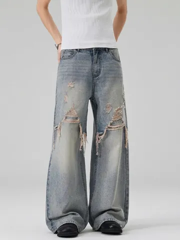 Men Streetwear Loose Wide Leg Ripped Jeans Light Blue Distressed Straight Baggy Denim Pants Casual High Street Trousers