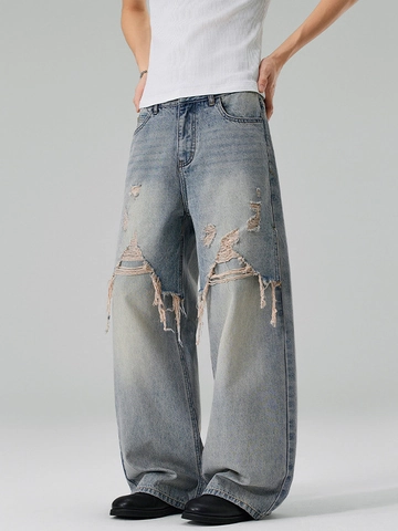 Men Streetwear Loose Wide Leg Ripped Jeans Light Blue Distressed Straight Baggy Denim Pants Casual High Street Trousers
