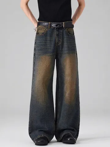 Jeans Uomo American High Street Vintage Invecchiati Gamba Larga Retro Mud Wash Denim Pesante Pantaloni Larghi Dritti Lunghi