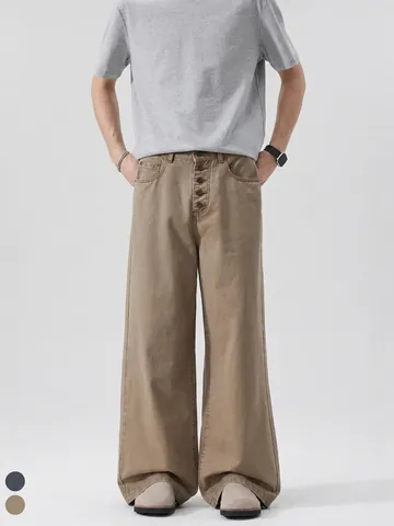 Herren American Streetwear Steinwaschung Knopfleiste Cargo Hose Weites Bein Baumwolle Gerade Lässige A-Linie Hose Für Männer