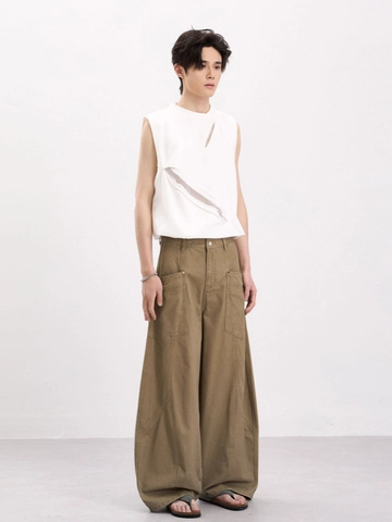 Men's Baggy Wide Leg Cargo Pants High Street Casual Cotton Twill Multi Pockets Loose Fit Curved Cut Trousers Streetwear