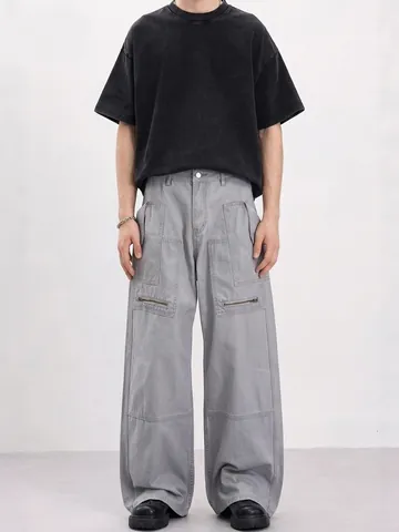 Retro Distressed Heren Loose Wide Leg Cargo Broek Met Multi Pockets Rits Detail Vintage Katoen Casual Werkbroek