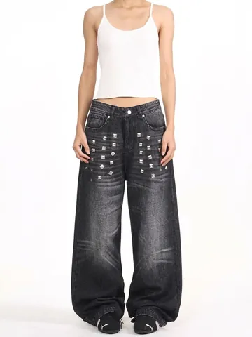 American Vintage Men's Wide Leg Jeans With Metal Rivets Distressed Washed Straight Cotton Denim Pants Retro Streetwear Trousers