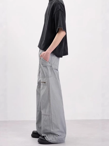 Retro Distressed Heren Loose Wide Leg Cargo Broek Met Multi Pockets Rits Detail Vintage Katoen Casual Werkbroek