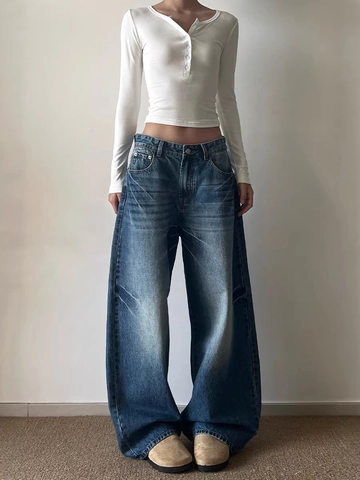 Herren High Street Vintage Bananenform Jeans Gewaschen Blitz Crackle Print Weites Bein Lose Denim Gerade Hose