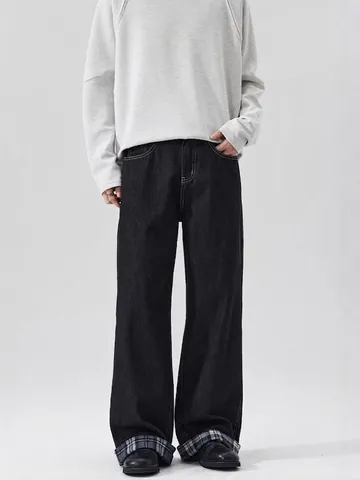 Herren Amerikanische High Street Schwarz Raw Denim Weite Jeans Kontrast Weiße Nähte Karo Manschetten Gerade Casual Denim Hosen