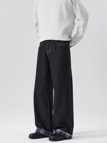 Herren Amerikanische High Street Schwarz Raw Denim Weite Jeans Kontrast Weiße Nähte Karo Manschetten Gerade Casual Denim Hosen