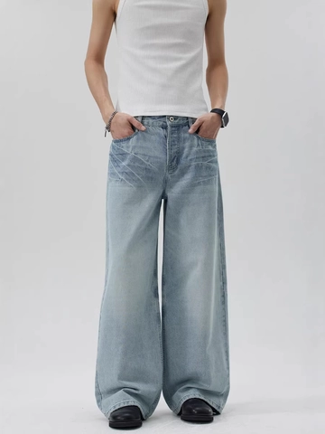 Jeans Vintage Homme Délavage Bleu Clair Jambe Large Coton Denim Moustaches Pantalon Droit Ample Casual Streetwear