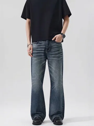 Hommes Vintage Délavé Micro Flare Jeans Bleu Rétro Pantalon Denim Délavé Avec Moustaches Décontracté Coupe Ample Pantalon Long