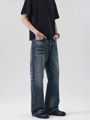 Hommes Vintage Délavé Micro Flare Jeans Bleu Rétro Pantalon Denim Délavé Avec Moustaches Décontracté Coupe Ample Pantalon Long