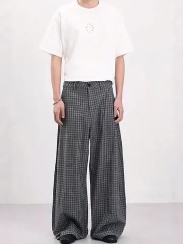 Pantaloni a Gamba Larga Plaid Vintage Americano da Uomo Retro Grigio a Scacchi Pantaloni Casual Dritti Vestibilità Larga Vita Alta