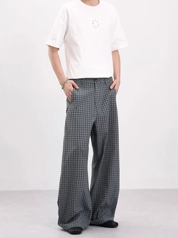 Pantaloni a Gamba Larga Plaid Vintage Americano da Uomo Retro Grigio a Scacchi Pantaloni Casual Dritti Vestibilità Larga Vita Alta