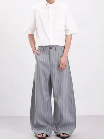Men's Casual Vertical Striped Wide Leg Pants Loose Fit Straight Drape Trousers Polyester Blend Minimalist Style Bottoms
