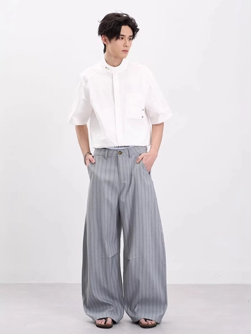 Men's Casual Vertical Striped Wide Leg Pants Loose Fit Straight Drape Trousers Polyester Blend Minimalist Style Bottoms