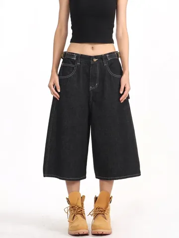 American High Street Black Denim Cargo Shorts For Men Women Loose Straight Fit Carpenter Pants With Contrast Stitching