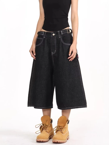 American High Street Black Denim Cargo Shorts For Men Women Loose Straight Fit Carpenter Pants With Contrast Stitching