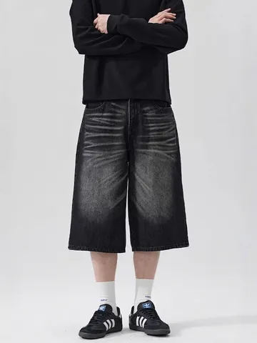 Pantalones Cortos de Mezclilla Streetwear Baggy Unisex Bigotes Pintados a Mano Lavado Rétro Jorts Pantalón 7/8 Sobre la Rodilla