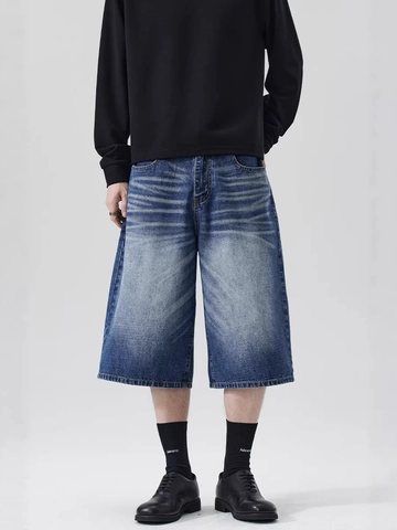 Pantalones Cortos de Mezclilla Streetwear Baggy Unisex Bigotes Pintados a Mano Lavado Rétro Jorts Pantalón 7/8 Sobre la Rodilla
