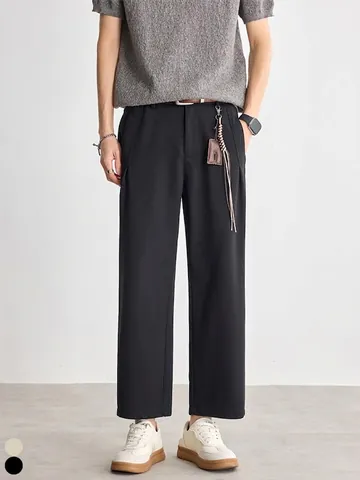 Men's Casual Straight Leg High Stretch Knitted Texture Drape Cropped Pants For Business Commute Office Solid Color Trousers