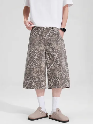 Men's High Street Leopard Print Denim Shorts Vintage Distressed Wide Leg Loose Casual Streetwear Cotton Knee Length Pants