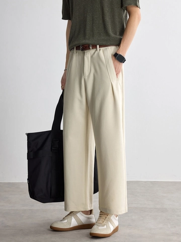 Men's Casual Straight Leg High Stretch Knitted Texture Drape Cropped Pants For Business Commute Office Solid Color Trousers
