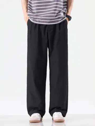 Men Japanese Vintage Casual Straight Leg Pants Cotton Blend Pleated Wide Leg Trousers For Daily Wear Fashion Streetwear