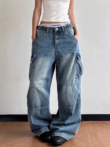 Men's American Vintage Baggy Cargo Jeans Multi Pocket Distressed Patchwork Wide Leg Denim Pants Retro Blue Straight Trousers