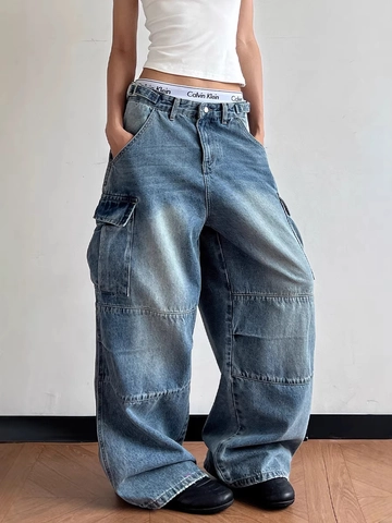 Men's American Vintage Baggy Cargo Jeans Multi Pocket Distressed Patchwork Wide Leg Denim Pants Retro Blue Straight Trousers