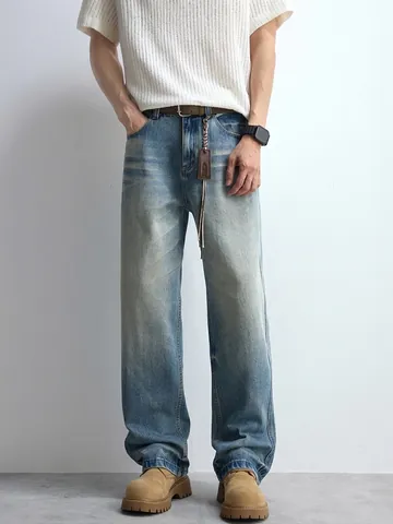 Men American Retro Washed Blue Jeans Loose Straight Fit Denim Pants With Cat Whiskers Cleanfit Style Streetwear Trouser