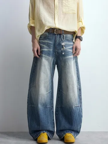 Heren Amerikaanse Retro Gewassen Wijde Pijp Jeans Curved Silhouet Denim Broek Met Cat Whiskers Vintage Streetwear Casual Broek