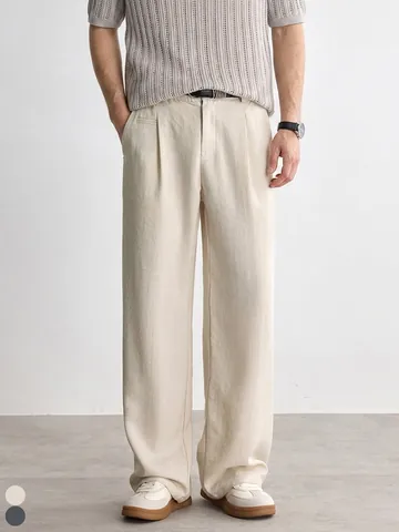 Men Lyocell Straight Leg Casual Pants Summer Breathable Drape Texture Wide Leg Trousers Solid Color Relaxed Fit Chinos