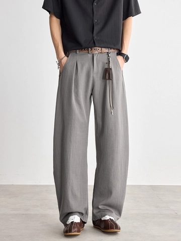 Heren Japans Minimalistisch Geplooide Wijde Pijpen Casual Broek Drape Curved Fit Rechte Pantalon Old Money Stijl Ademend Broek