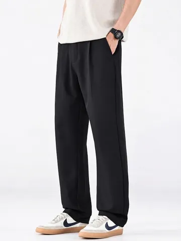 Pantaloni Casual Uomo a Gamba Dritta Pieghettati Vestibilità Larga Vita Alta in Poliestere Comodi Abbigliamento Urbano